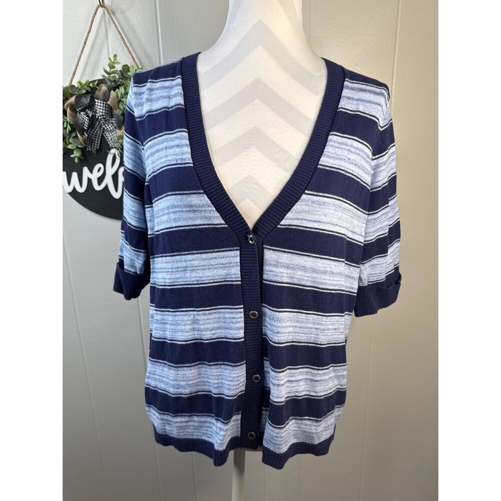 Eddie Bauer Womens Striped Cotton Cardigan Sweater XL Navy & Light Blue Button F